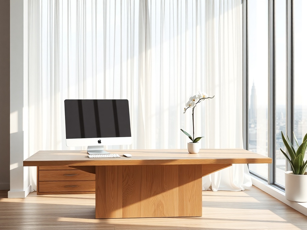 A sleek, minimalist Scandinavian workspace with a large oak desk, an iMac, and a single white orchid. Soft natural light filters through sheer curtains, casting gentle shadows. The background features clean architectural lines and a subtle view of a modern city skyline. Photorealistic, 8k, commercial photography.