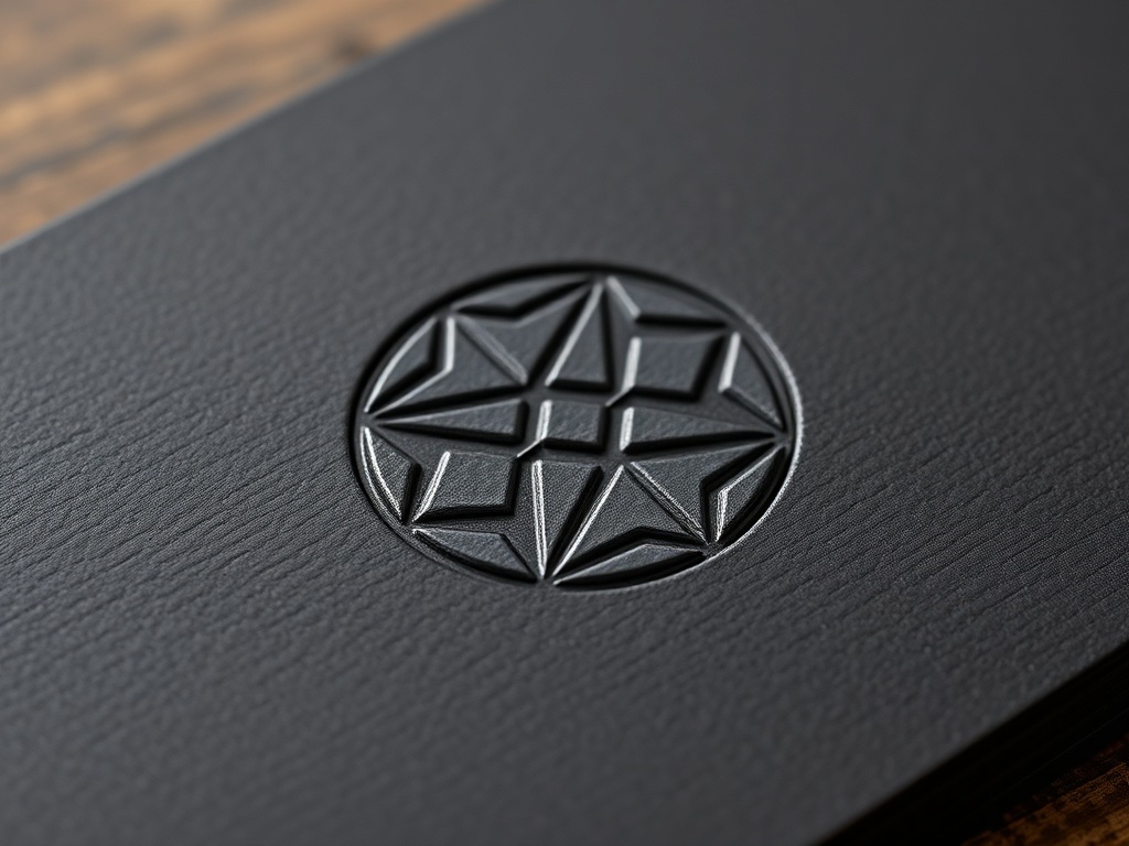Extreme close-up of a subtle embossed geometric logo on premium matte black business card. The texture is rich, with fine details visible under studio lighting. Photorealistic, 8k, commercial product photography.